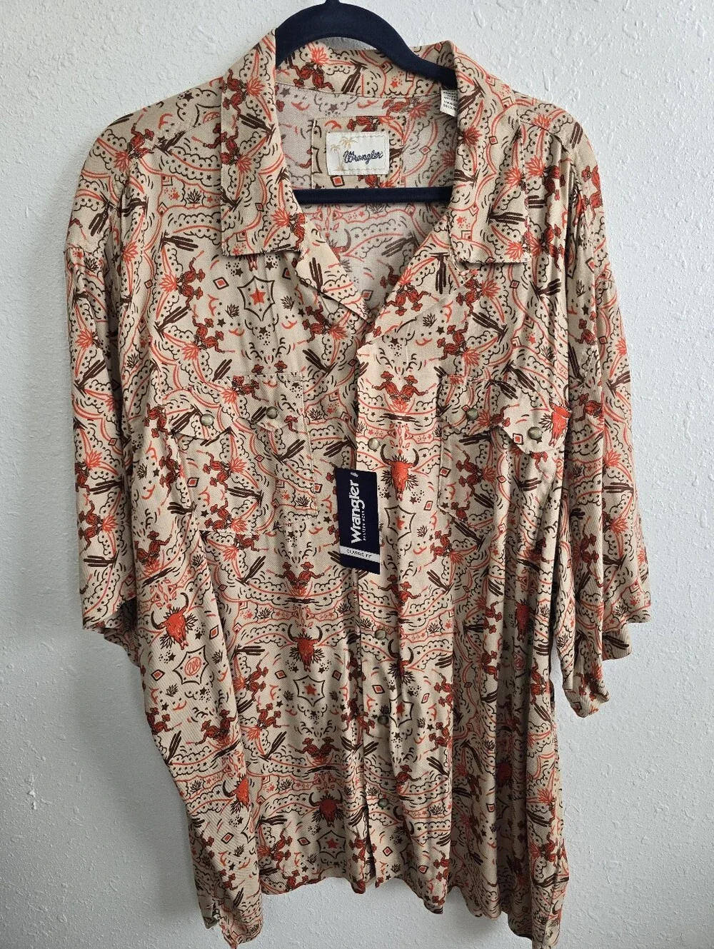 Wrangler Wild West Cowboy Print Pearl Snap Camp Shirt Tan NWT  XXL